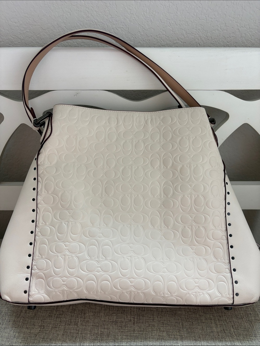 Coach Embossed Signature Shoulder Bag in Soft Cream with Tan Strap